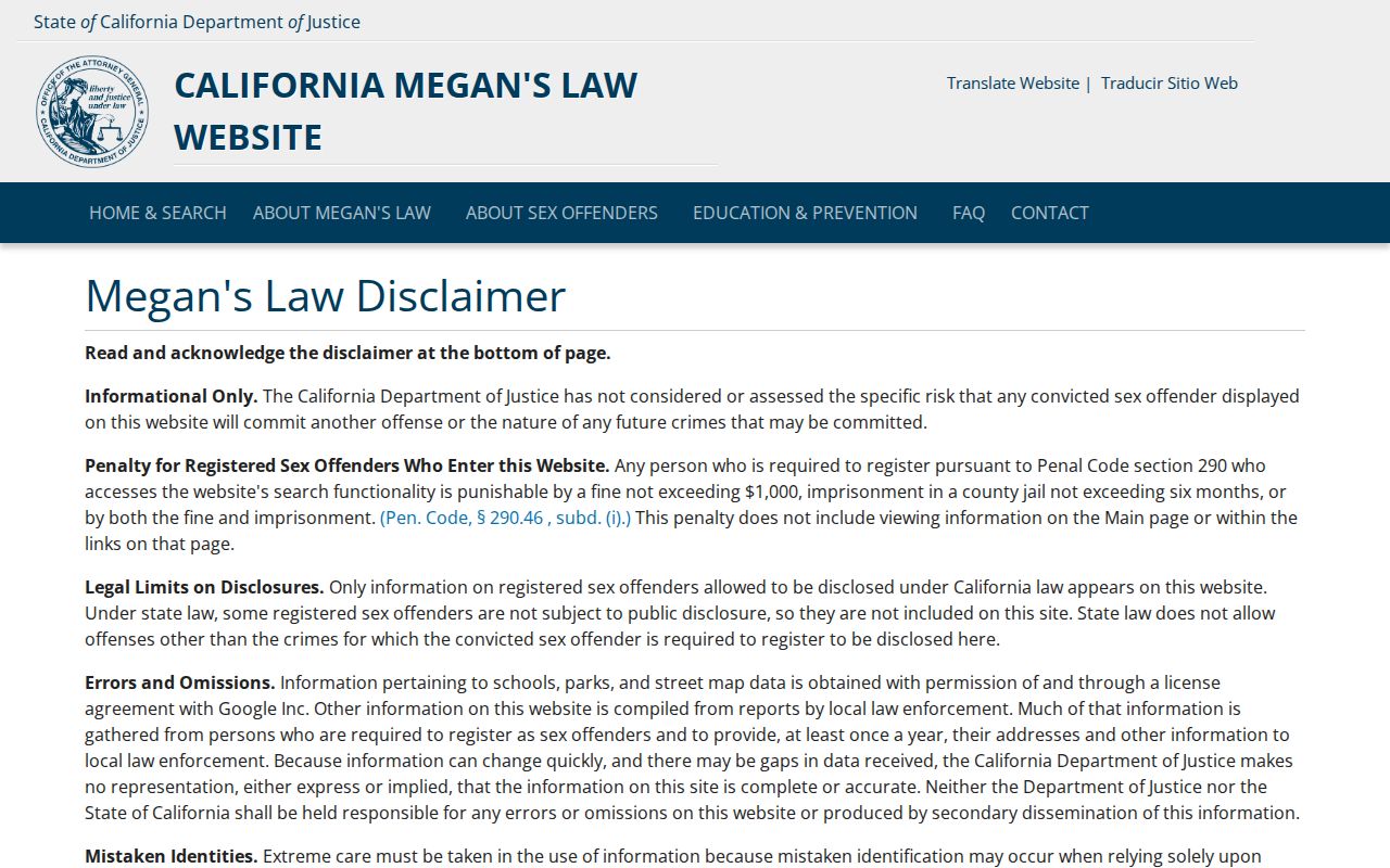 Alameda people search California Megan's Law registry search entry