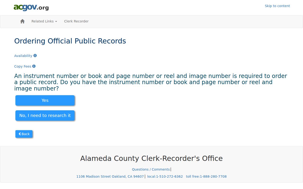 Alameda public records recorder coverage and fees page