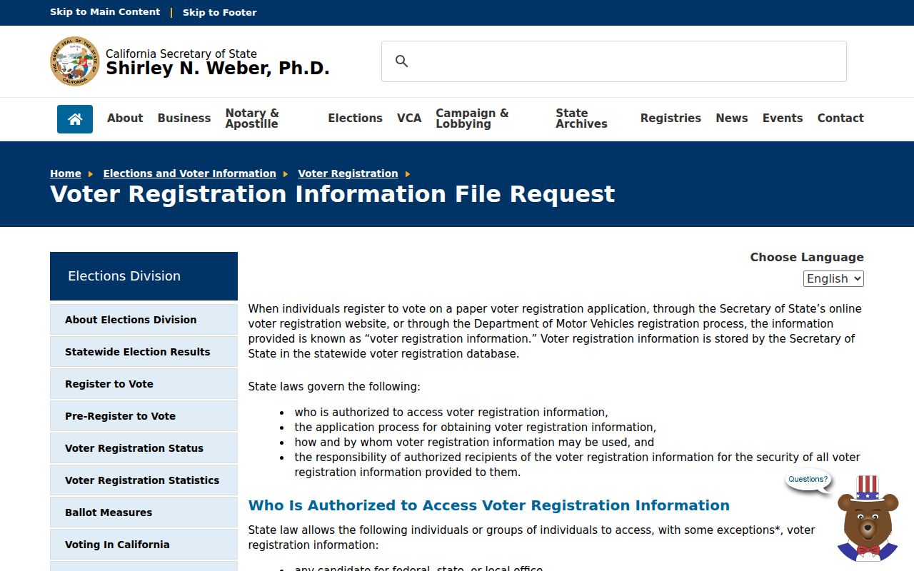 Alameda voter registration records state voter file request page